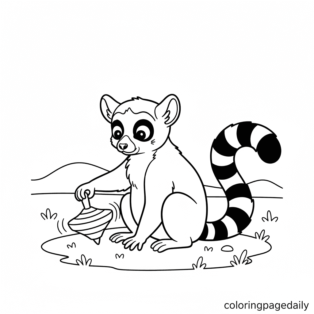Lemur Spinning a Top - Daily printable coloring page in Kids - Animals category
