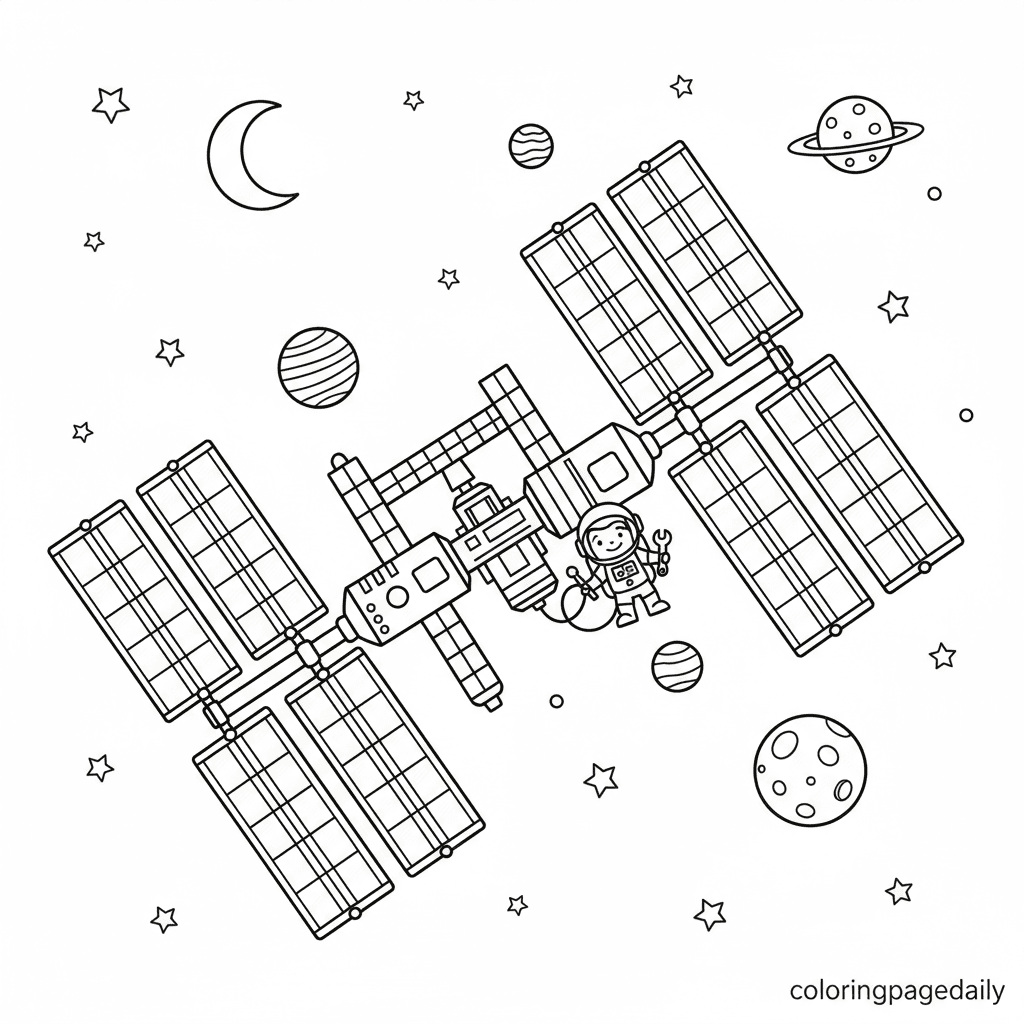 International Space Station - Daily printable coloring page in Kids - Space category