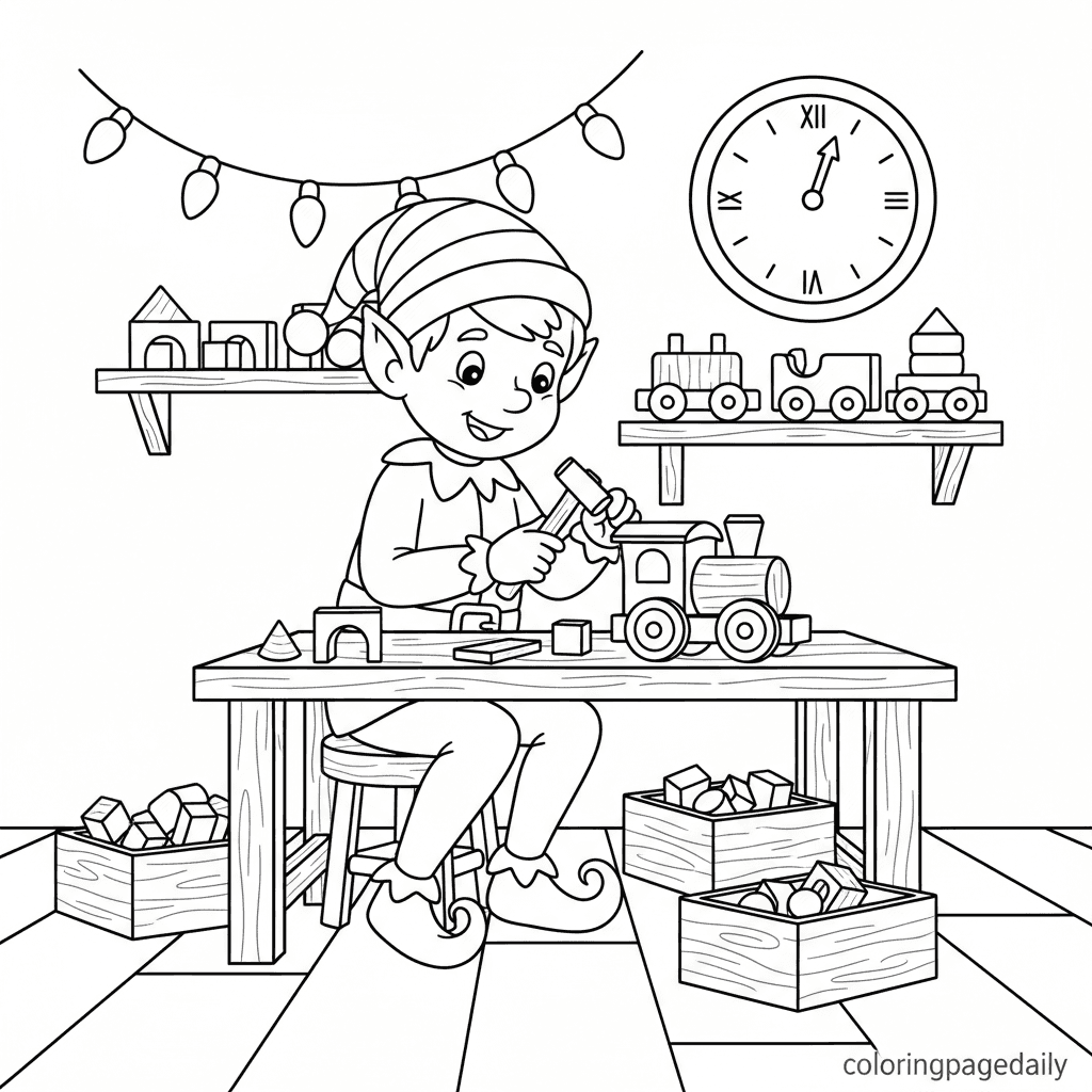 Elf Building Toy Train - Daily printable coloring page in Kids - Christmas category