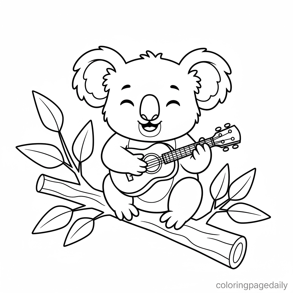 Koala Plays the Ukulele - Daily printable coloring page in Kids - Animals category