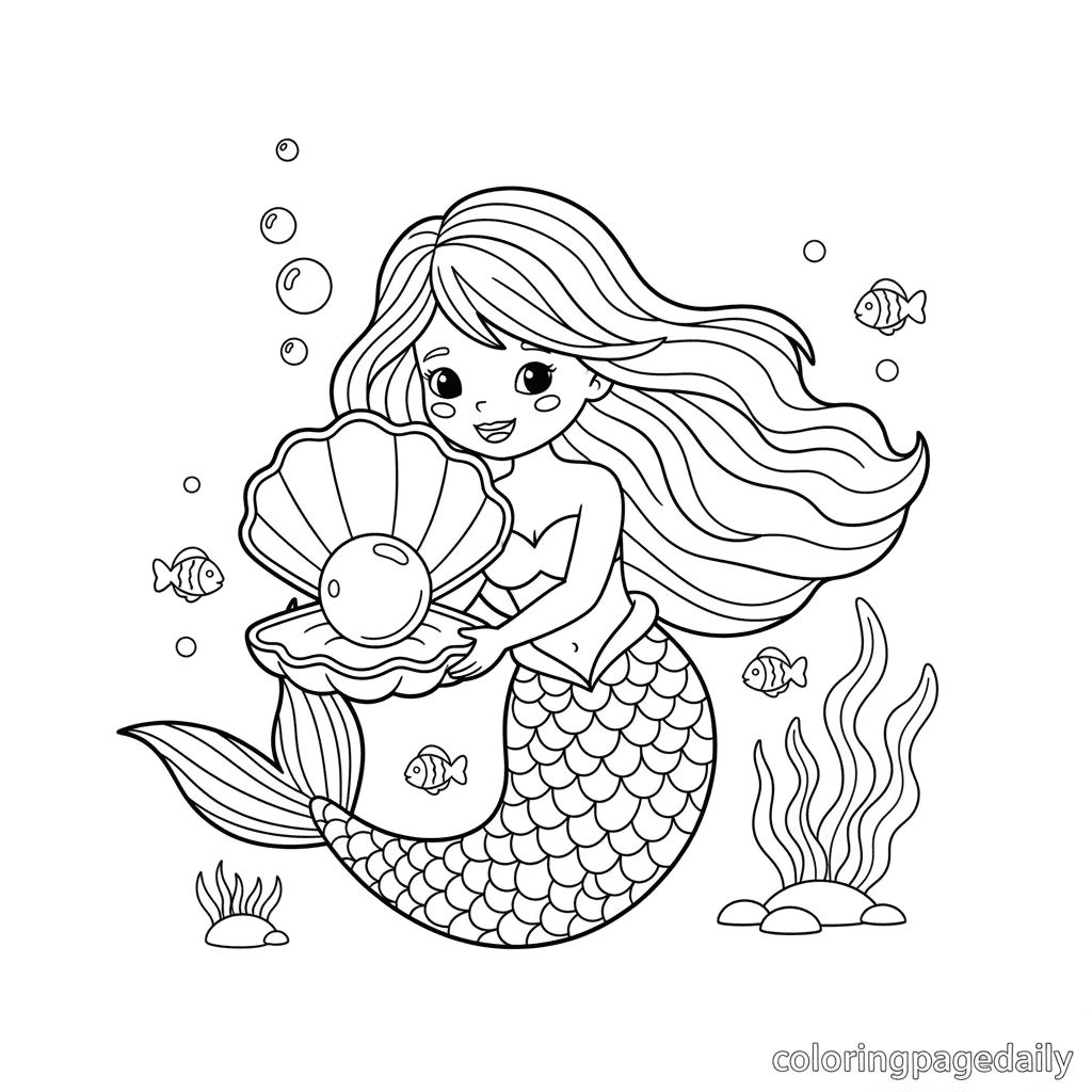 Mermaid Finds a Pearl - Daily printable coloring page in Kids - Ocean and Underwater Life category