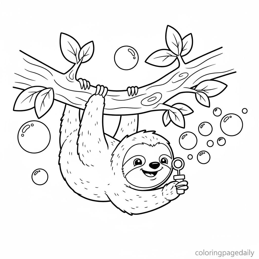 Sloth Blowing Bubbles - Daily printable coloring page in Kids - Animals category