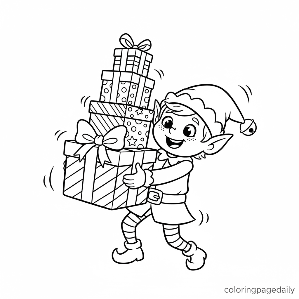 Elf Balancing Presents - Daily printable coloring page in Kids - Christmas category