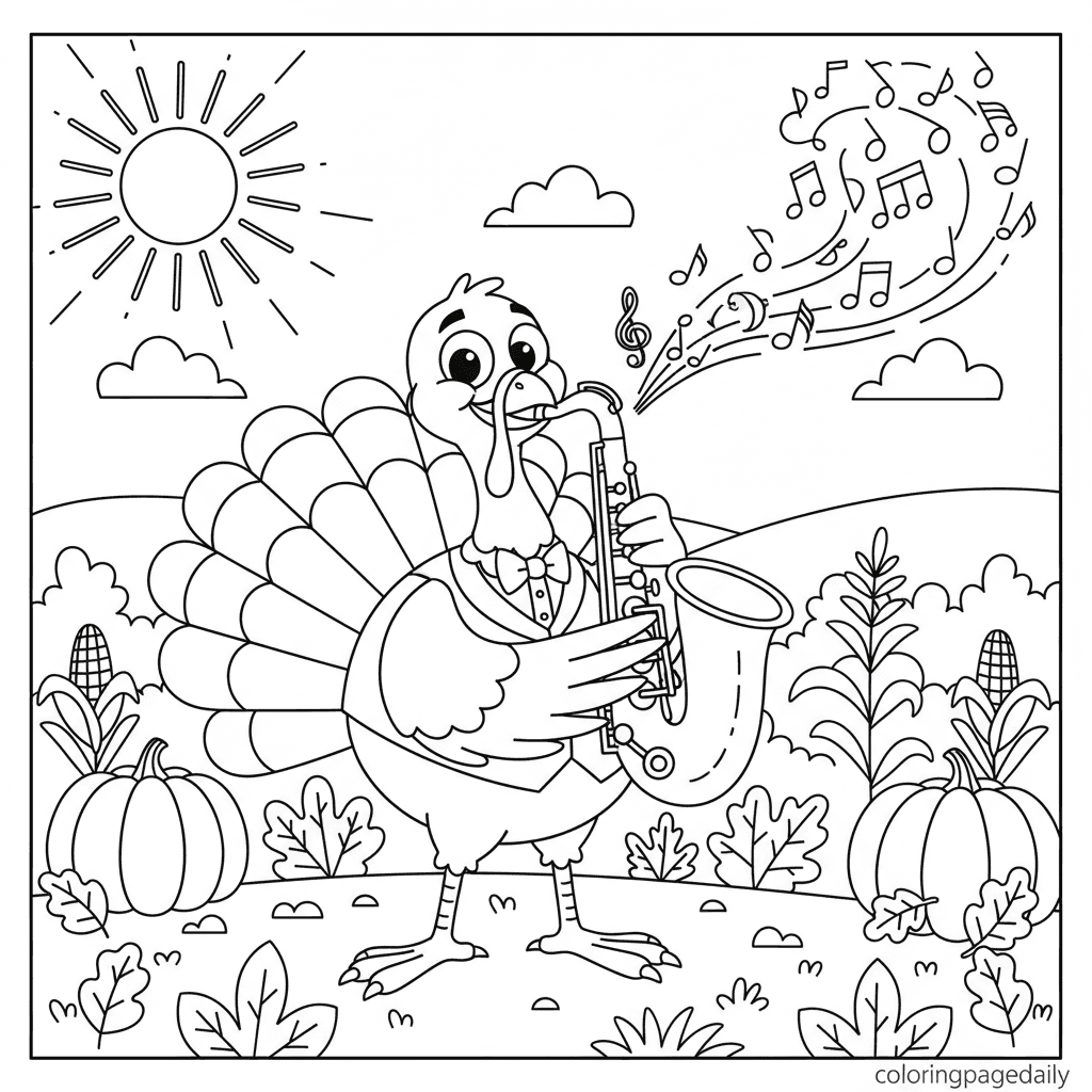 Turkey Plays Saxophone - Daily printable coloring page in Kids - Thanksgiving category