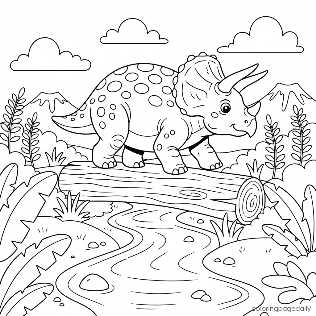 Triceratops Log Crossing - Daily printable coloring page in Kids - Dinosaur category