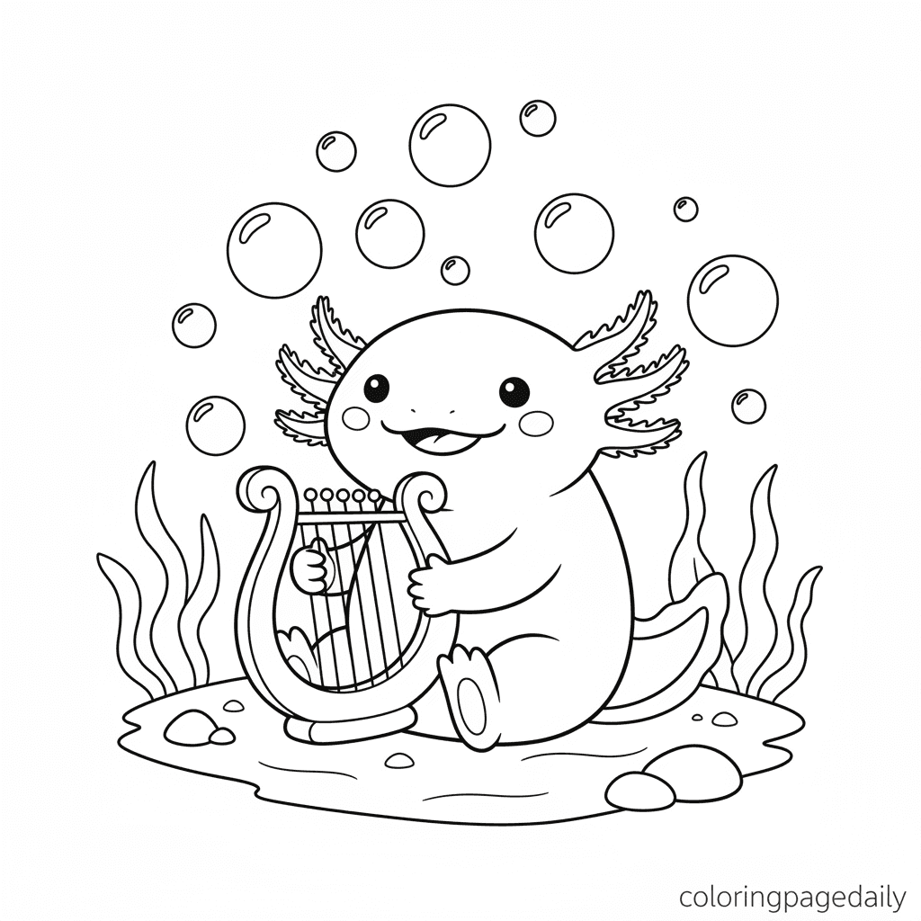 Axolotl Playing the Harp - Daily printable coloring page in Kids - Animals category