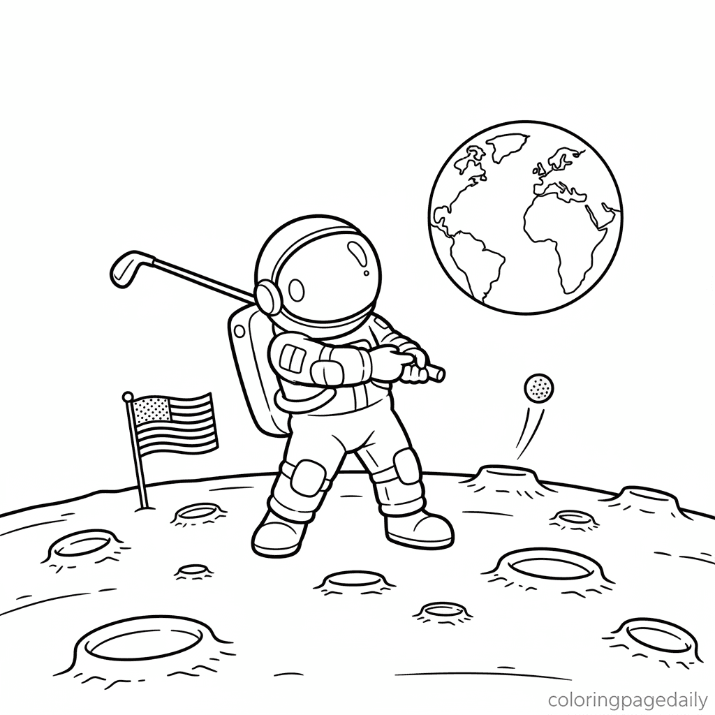 Astronaut Playing Moon Golf - Daily printable coloring page in Kids - Space category