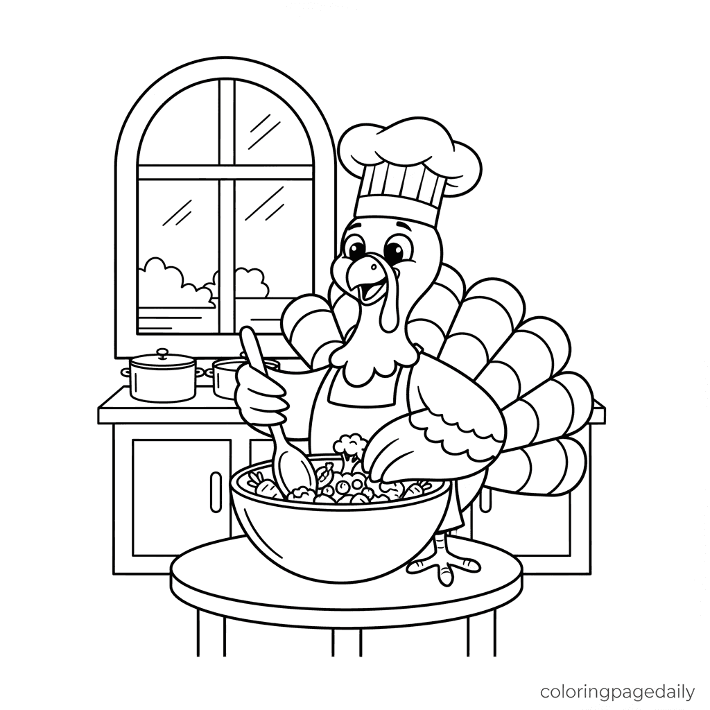Turkey Chef Cooking Dinner - Daily printable coloring page in Kids - Thanksgiving category