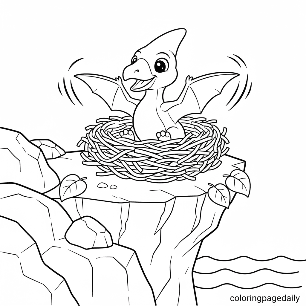 Baby Pteranodon Learning to Fly - Daily printable coloring page in Kids - Dinosaur category