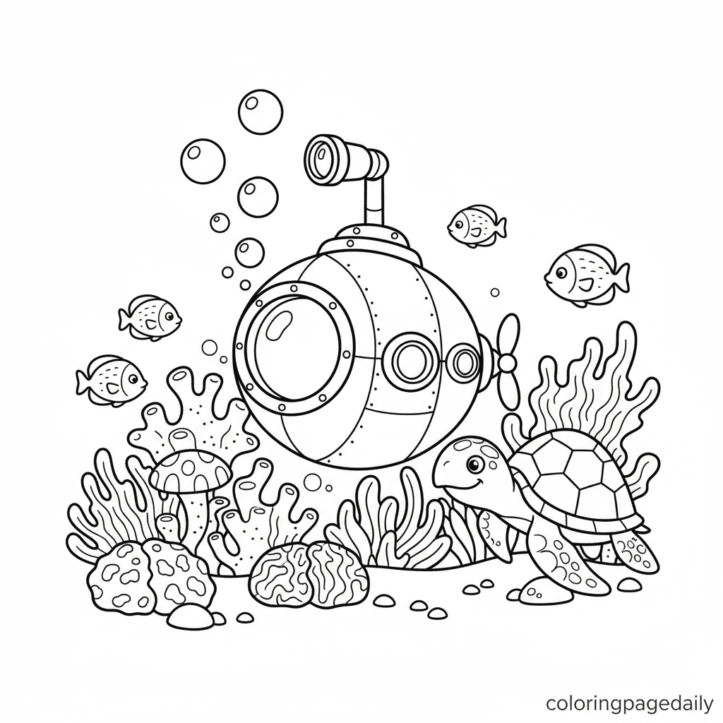 Submarine Exploring the Reef - Daily printable coloring page in Kids - Ocean and Underwater Life category