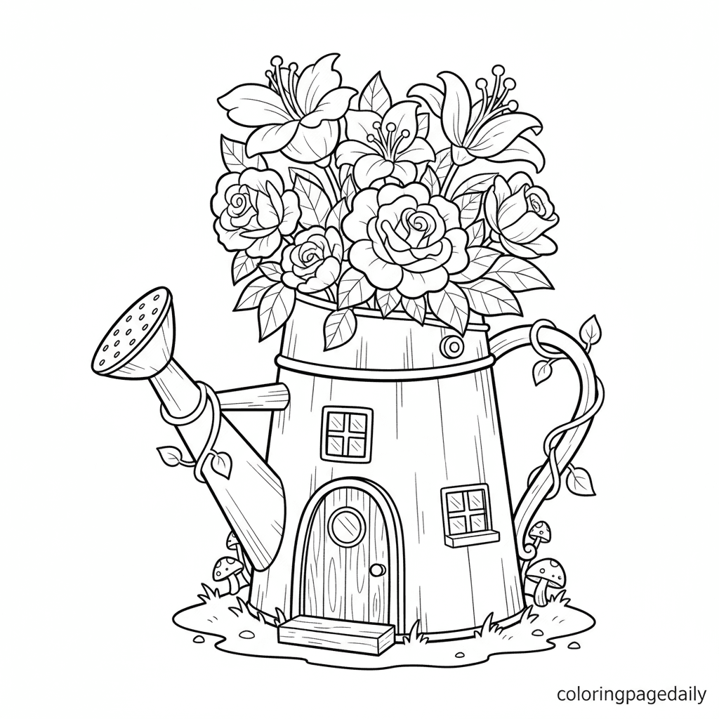 Magical Watering Can Home - Daily printable coloring page in Kids - Scenery category
