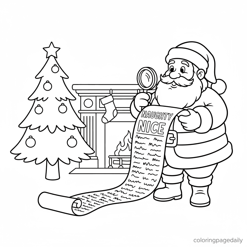 Santa Checks the List - Daily printable coloring page in Kids - Christmas category