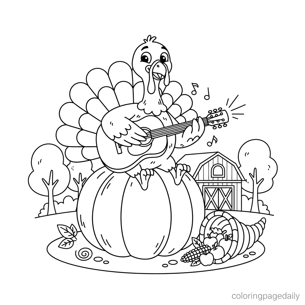Turkey Strums a Tune - Daily printable coloring page in Kids - Thanksgiving category