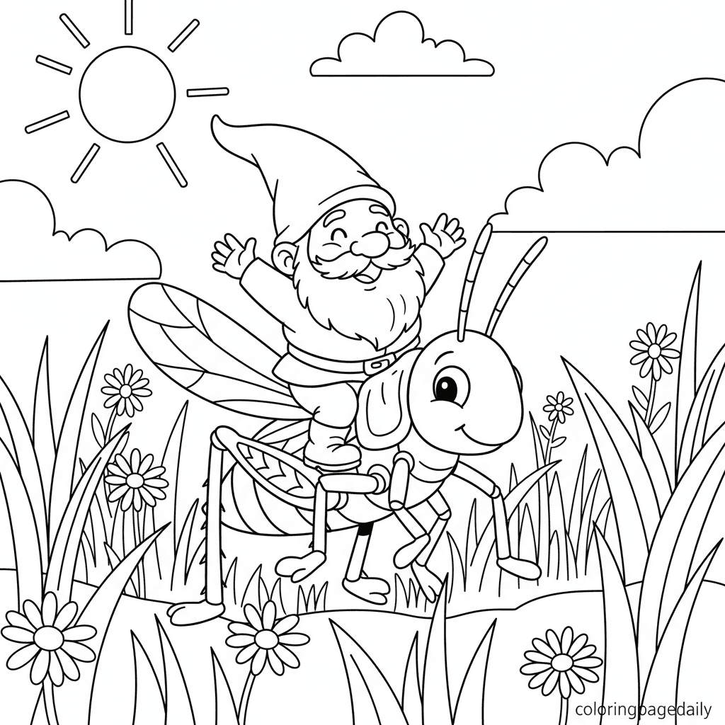 Gnome's Grasshopper Ride - Daily printable coloring page in Kids - Mythical Creature category