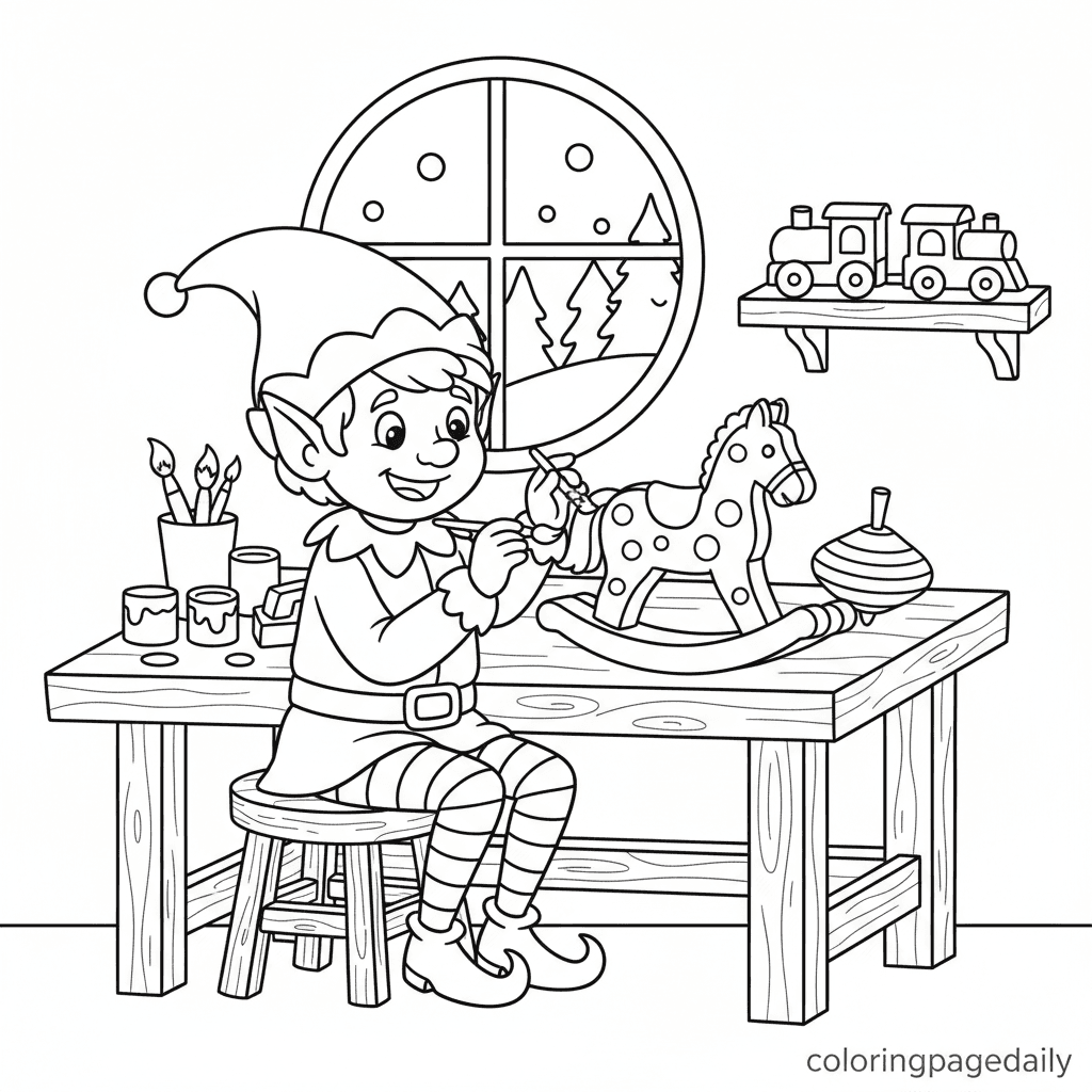 Elf Painting Rocking Horse - Daily printable coloring page in Kids - Christmas category