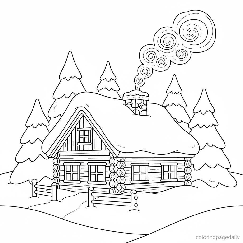 Cozy Snowy Cabin - Daily printable coloring page in Kids - Winter and Snow Season category