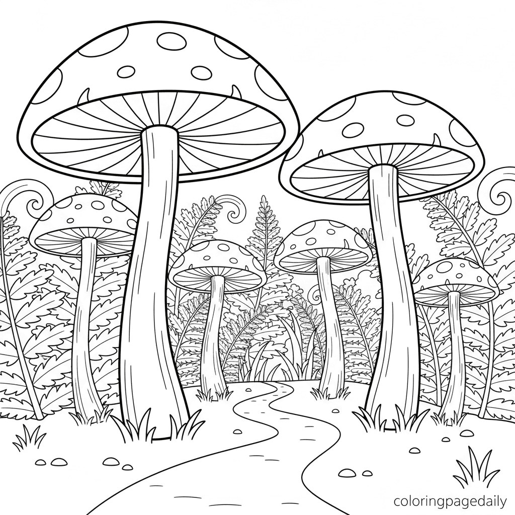 Field of Giant Mushrooms - Daily printable coloring page in Kids - Scenery category