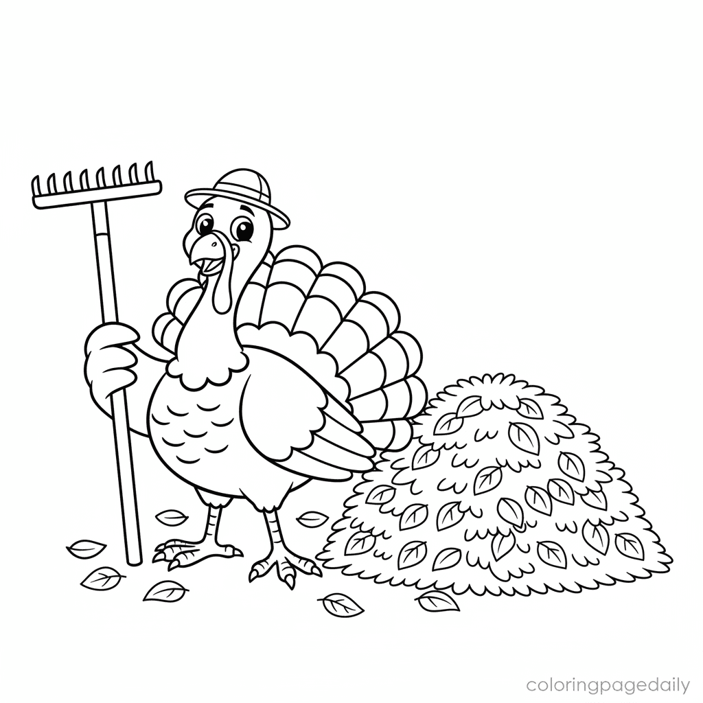 Turkey Raking Autumn Leaves - Daily printable coloring page in Kids - Thanksgiving category