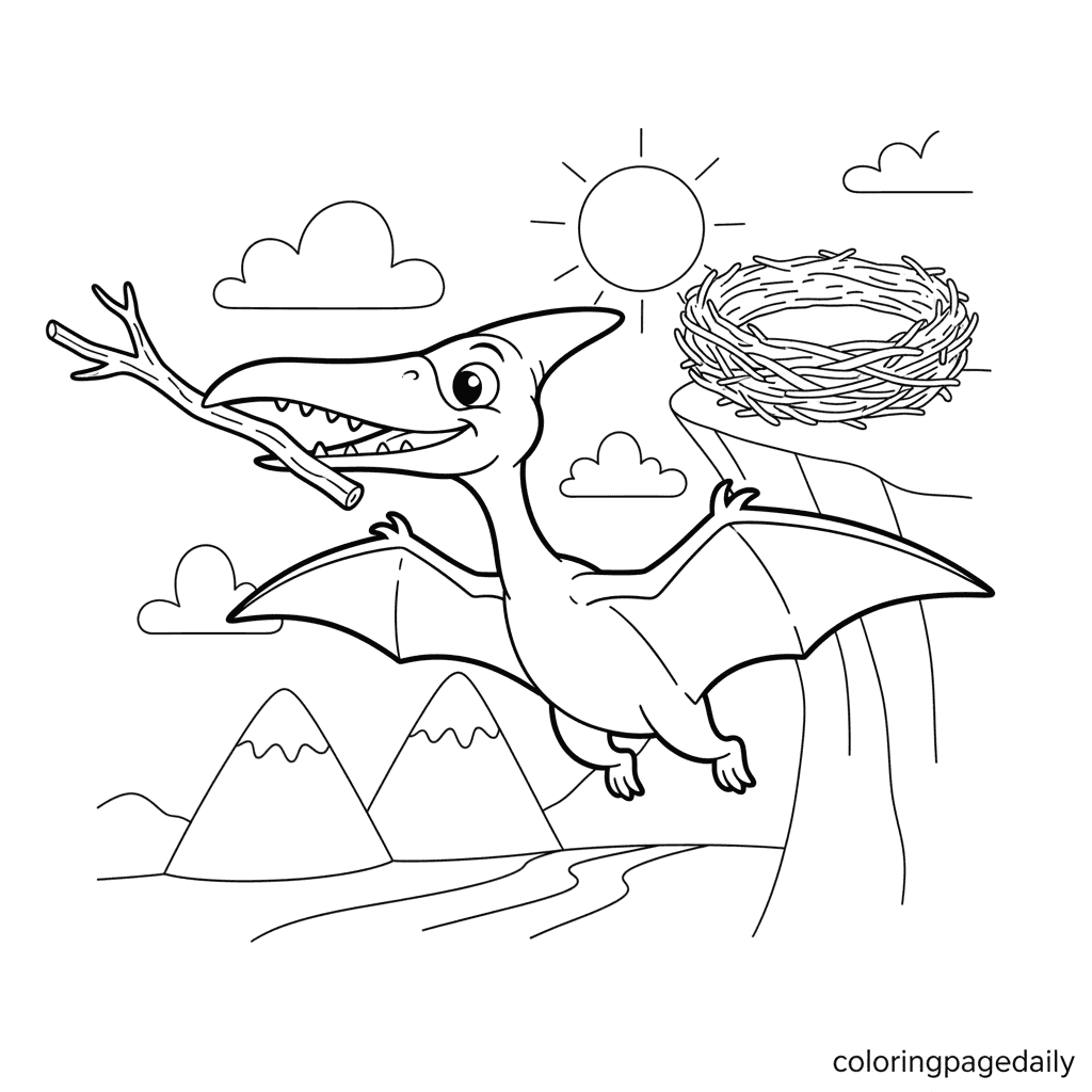 Pterodactyl Carrying a Twig - Daily printable coloring page in Kids - Dinosaur category
