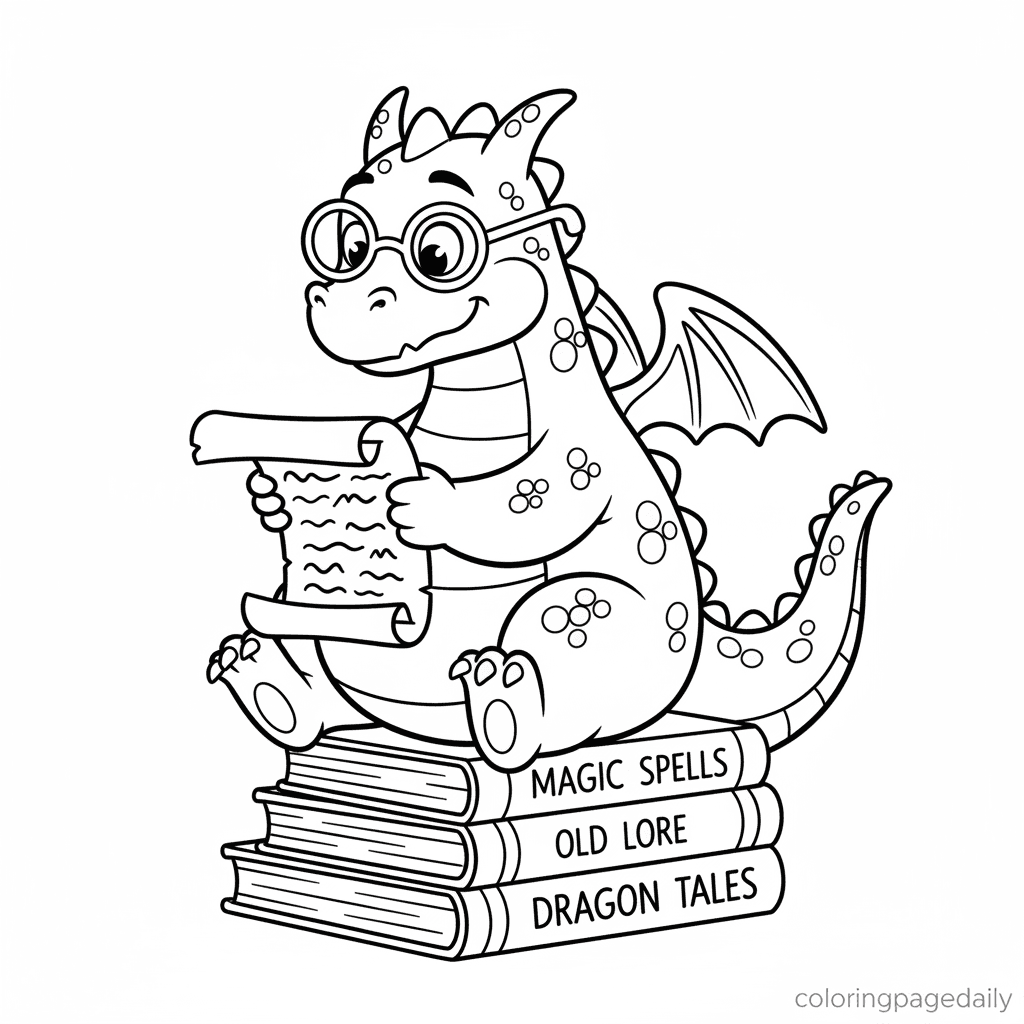 Dragon Reading Scroll - Daily printable coloring page in Kids - Mythical Creature category