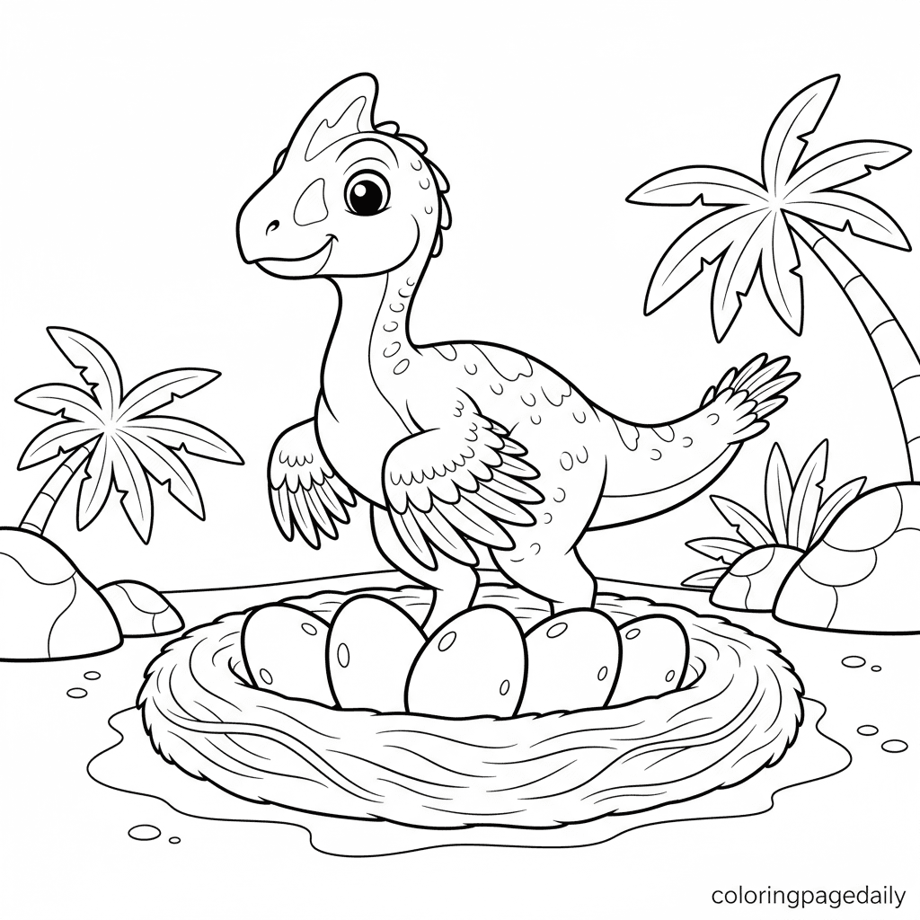 Oviraptor Guarding Eggs - Daily printable coloring page in Kids - Dinosaur category
