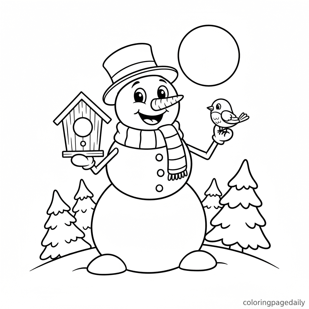 Snowman Holding a Birdhouse - Daily printable coloring page in Kids - Christmas category