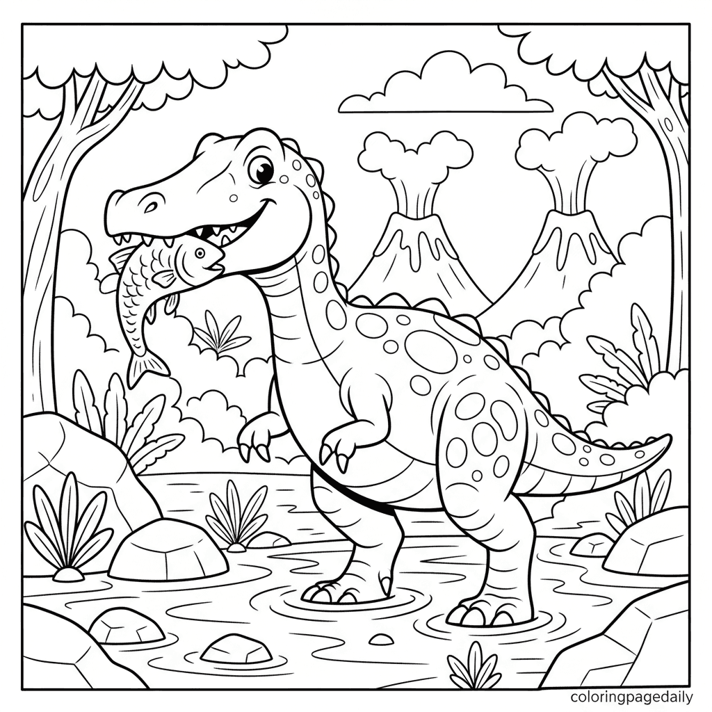 Baryonyx Catches a Fish - Daily printable coloring page in Kids - Dinosaur category