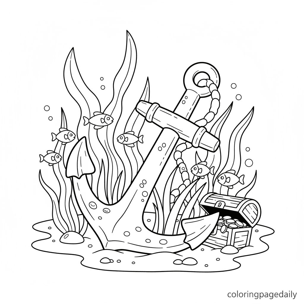 Sunken Anchor Discovery - Daily printable coloring page in Kids - Ocean and Underwater Life category