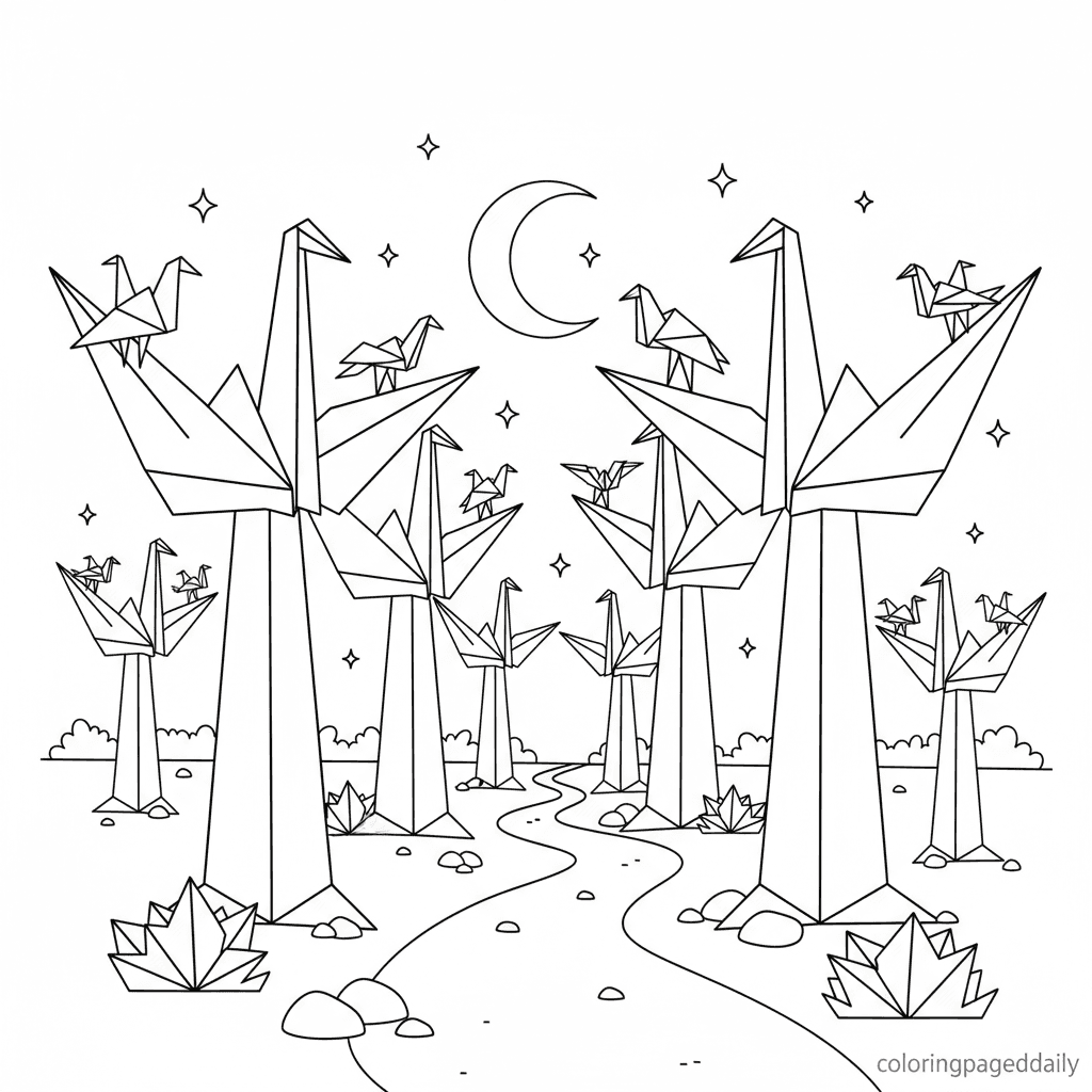 Giant Origami Crane Forest - Daily printable coloring page in Kids - Scenery category