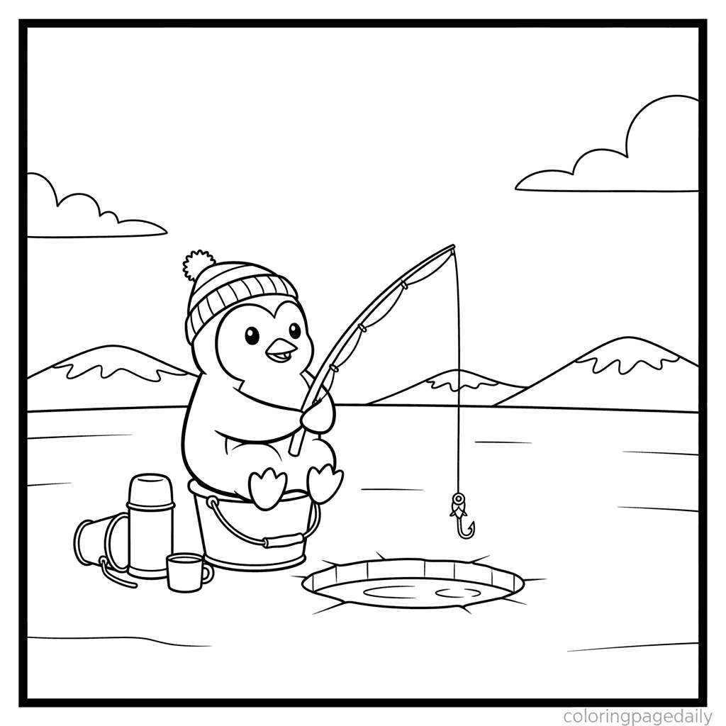 Penguin Ice Fishing - Daily printable coloring page in Kids - Winter and Snow Season category