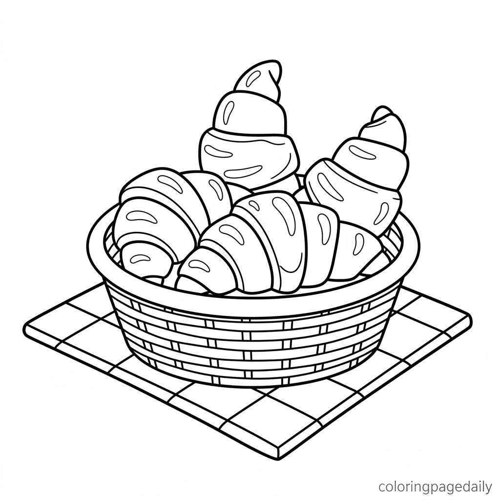 Fresh French Croissant Basket - Daily printable coloring page in Kids - Food category