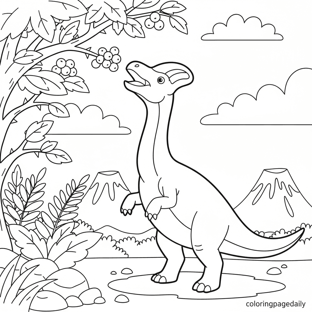 Corythosaurus Eating Berries - Daily printable coloring page in Kids - Dinosaur category