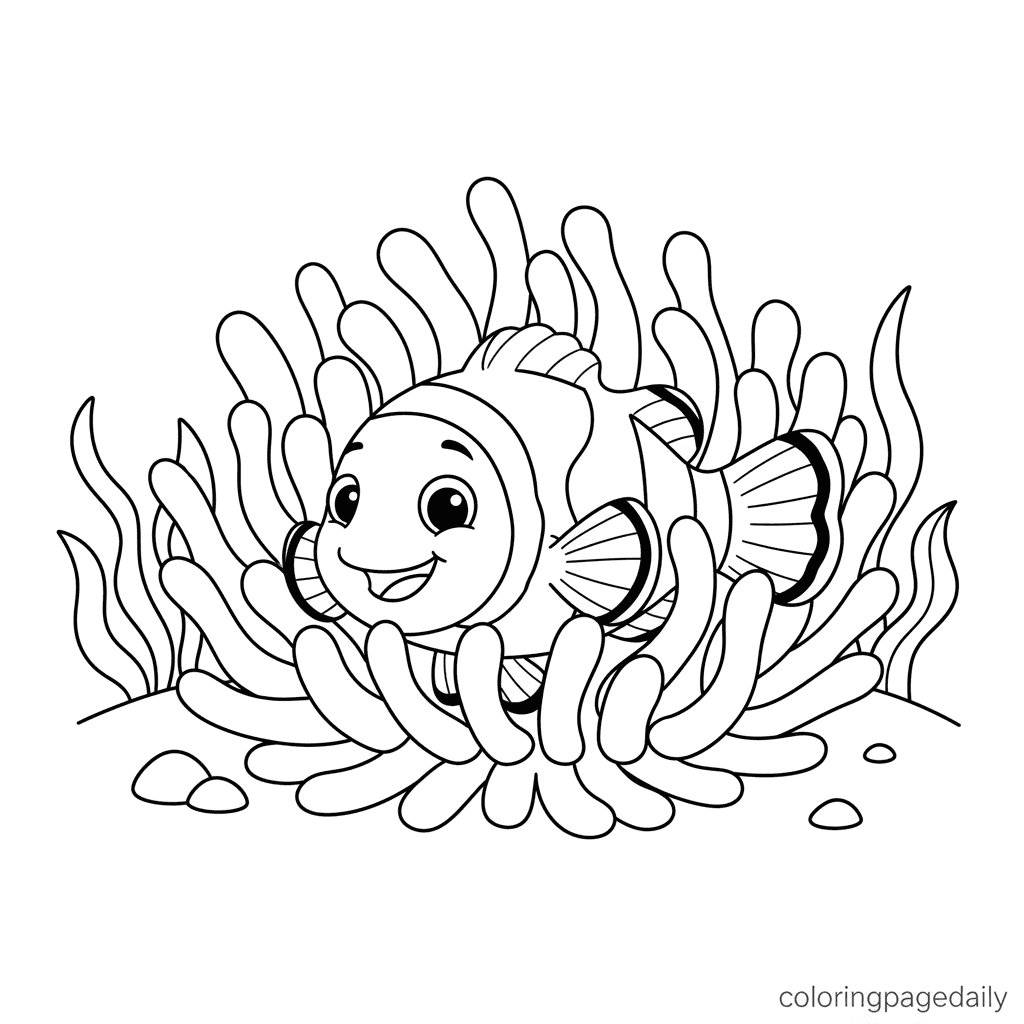 Clownfish in Sea Anemone - Daily printable coloring page in Kids - Ocean and Underwater Life category