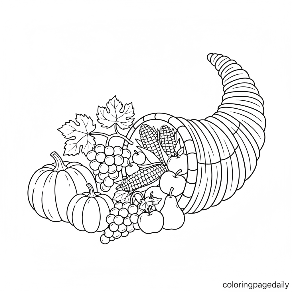 Thanksgiving Harvest Cornucopia - Daily printable coloring page in Kids - Thanksgiving category