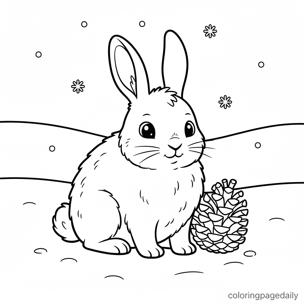 Arctic Hare and Pinecone - Daily printable coloring page in Kids - Winter and Snow Season category