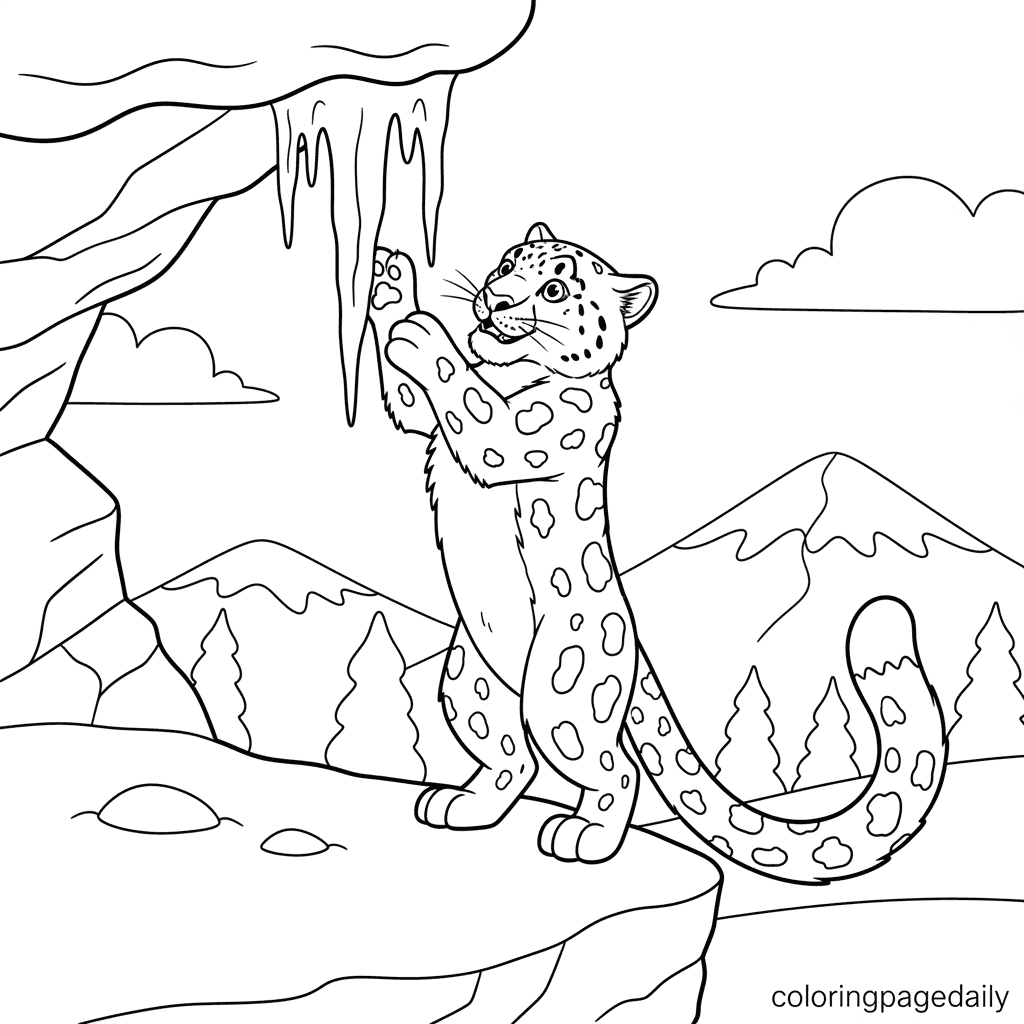Snow Leopard Playing - Daily printable coloring page in Kids - Winter and Snow Season category