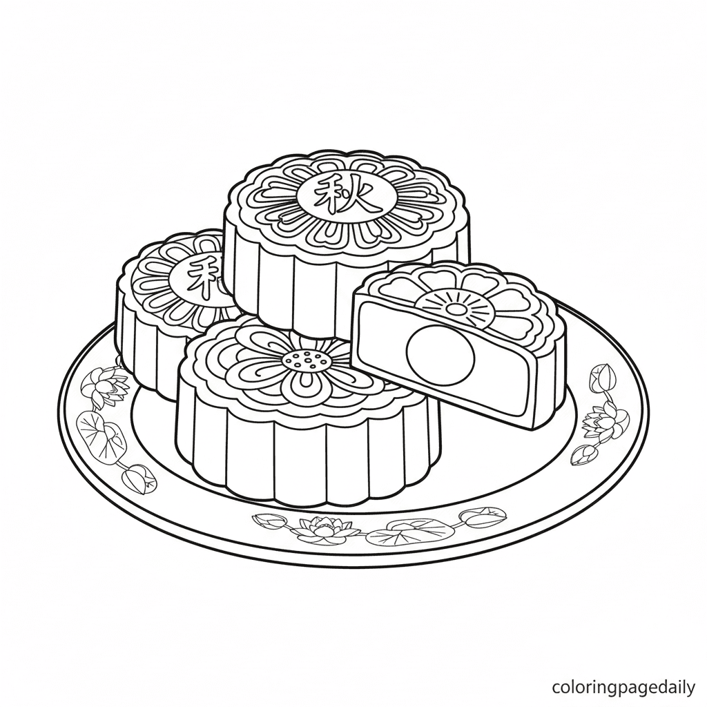 Traditional Chinese Mooncakes - Daily printable coloring page in Kids - Food category