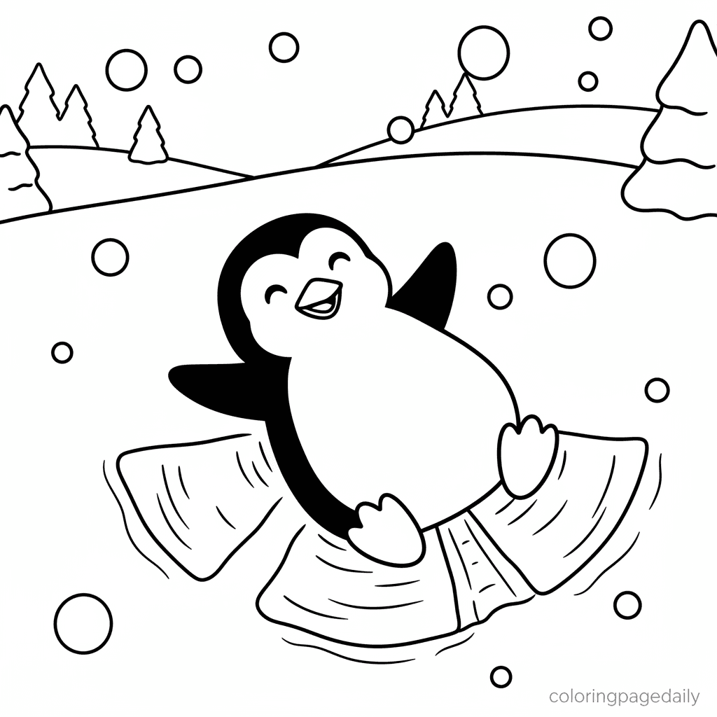 Penguin Making Snow Angel - Daily printable coloring page in Kids - Winter and Snow Season category