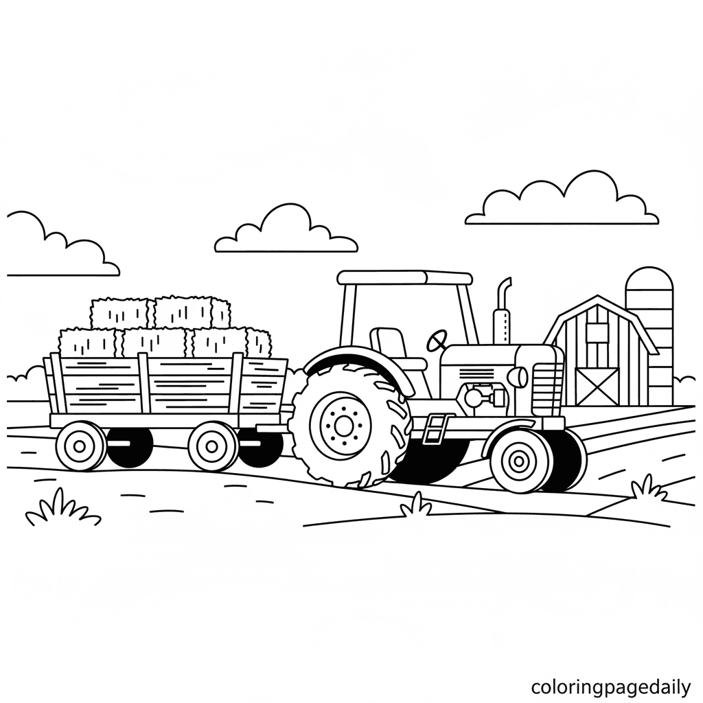 Farm Tractor Hayride - Daily printable coloring page in Kids - Vehicle category