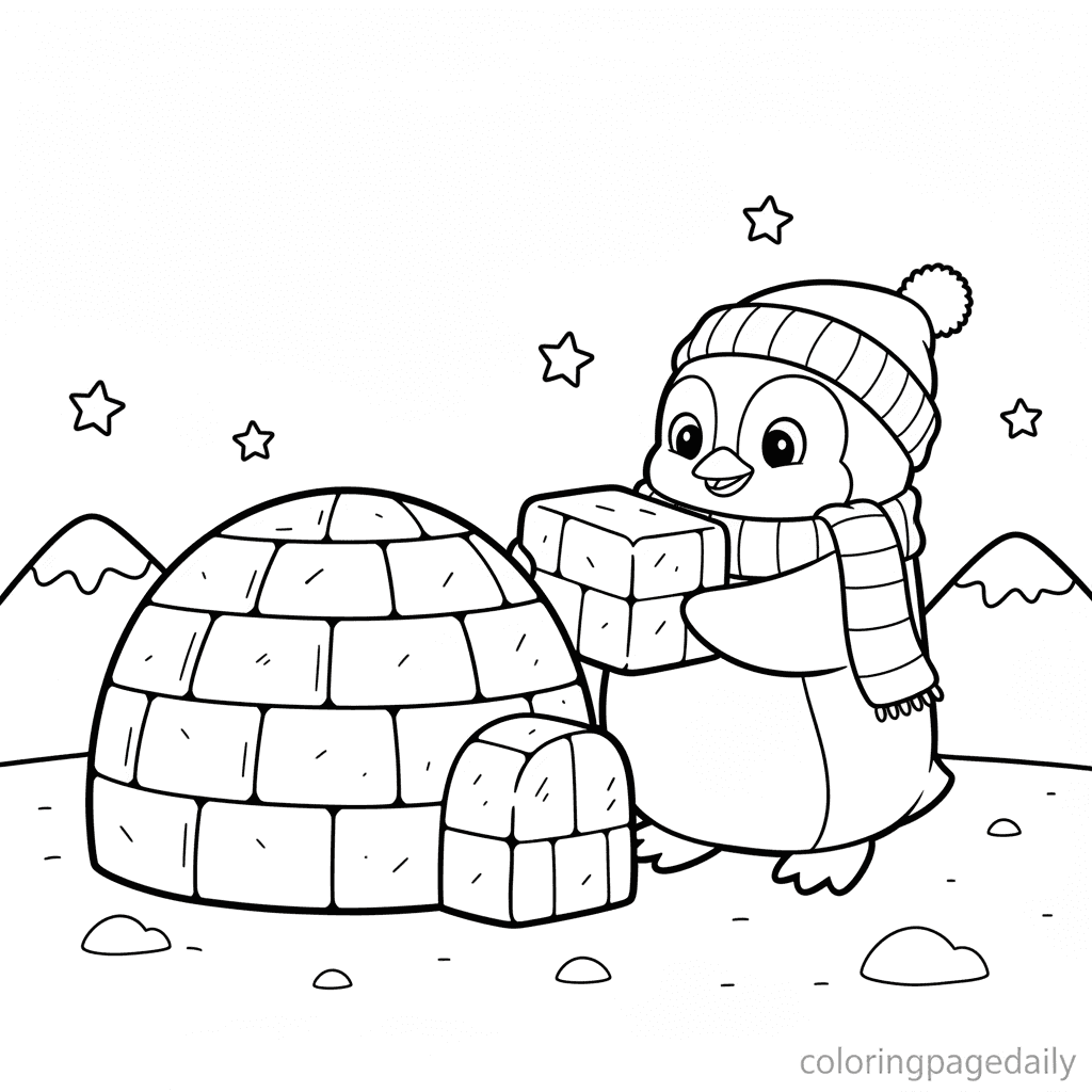 Penguin Building Igloo - Daily printable coloring page in Kids - Winter and Snow Season category