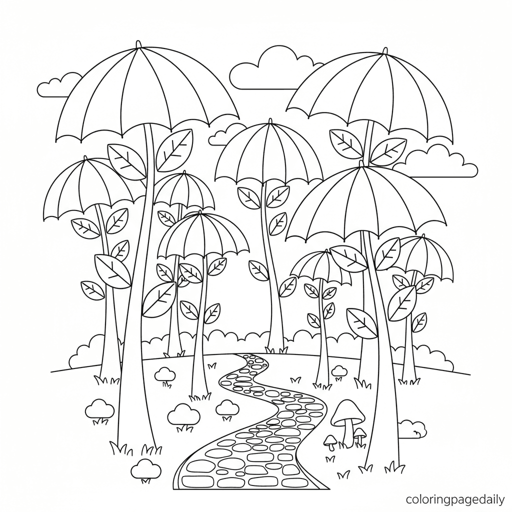 Magical Umbrella Forest - Daily printable coloring page in Kids - Scenery category