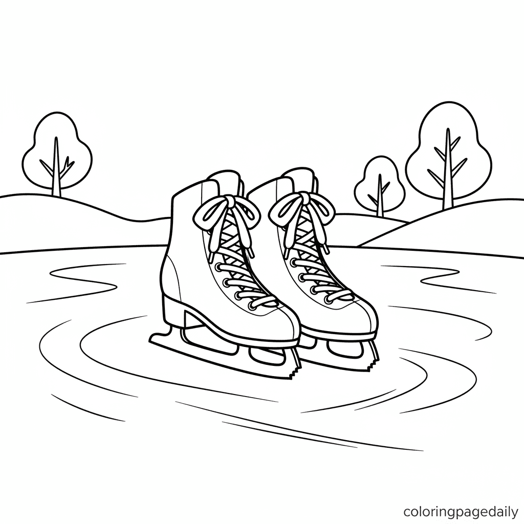 Ice Skates on Pond - Daily printable coloring page in Kids - Winter and Snow Season category