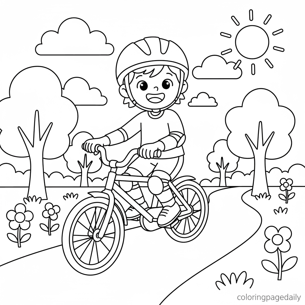 Kid Cycling in Park - Daily printable coloring page in Kids - Sports category