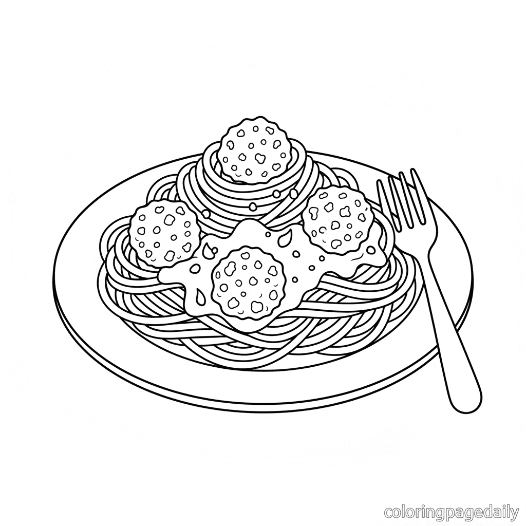 Spaghetti and Meatballs - Daily printable coloring page in Kids - Food category