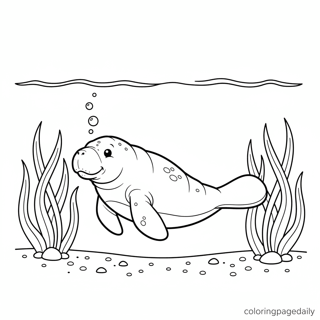 Manatee Eating Seagrass - Daily printable coloring page in Kids - Ocean and Underwater Life category
