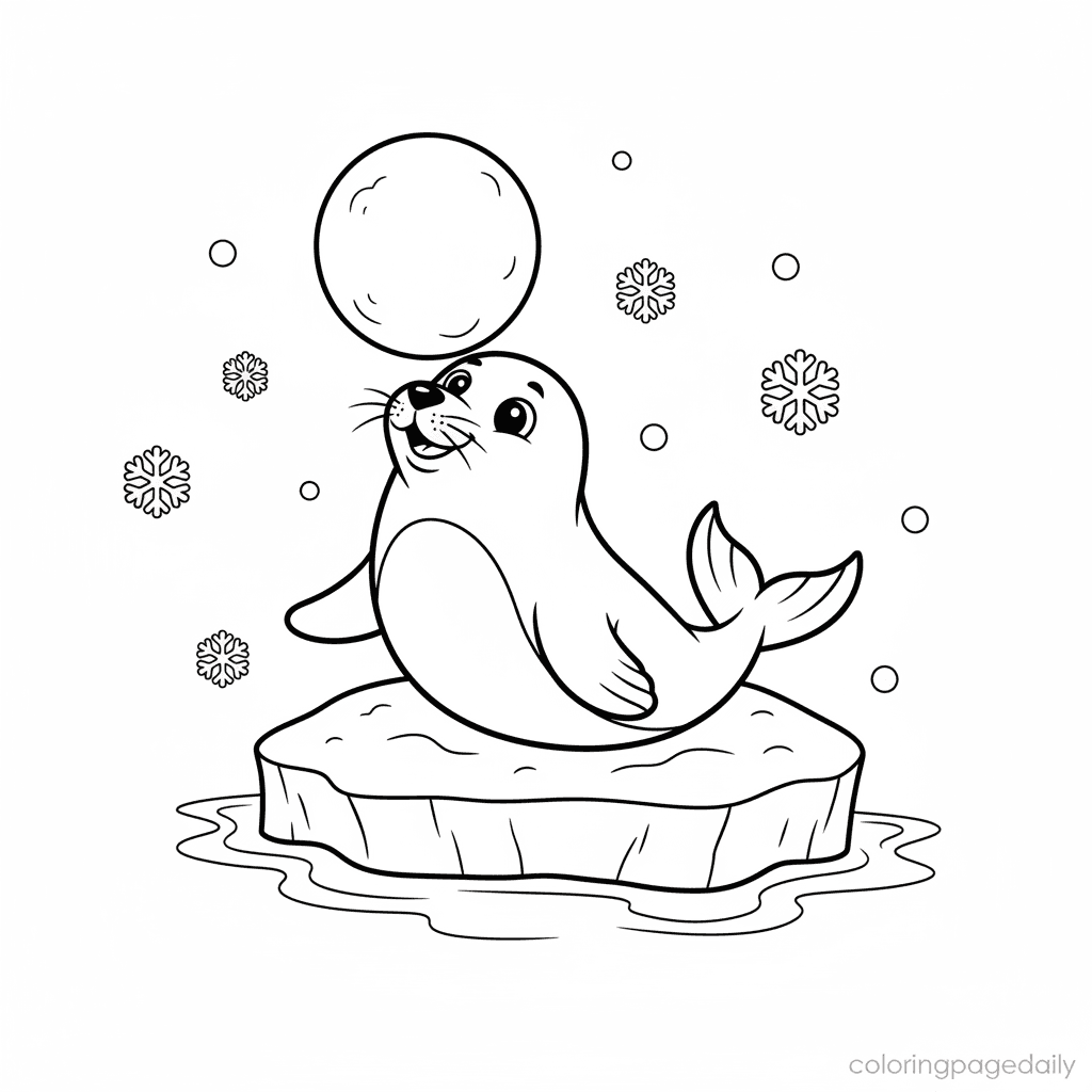 Seal Balancing Snowball - Daily printable coloring page in Kids - Winter and Snow Season category