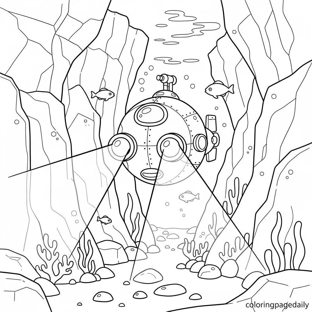 Submarine Underwater Adventure - Daily printable coloring page in Kids - Ocean and Underwater Life category