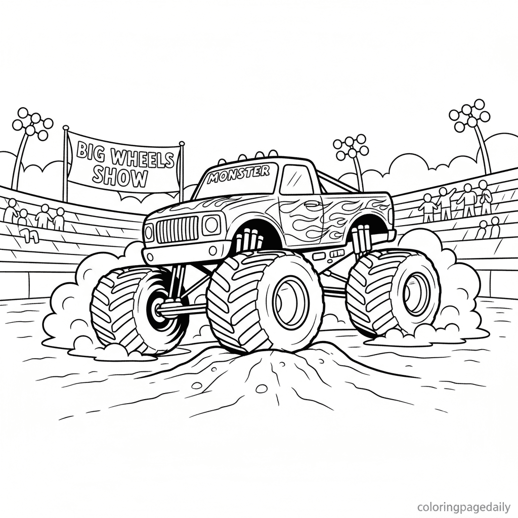 Monster Truck Action - Daily printable coloring page in Kids - Vehicle category
