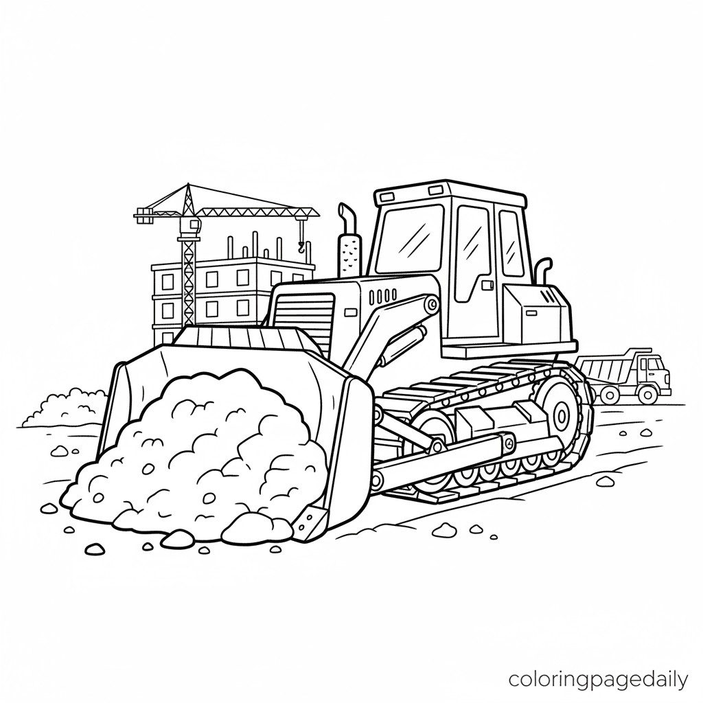Bulldozer at Construction Site - Daily printable coloring page in Kids - Vehicle category