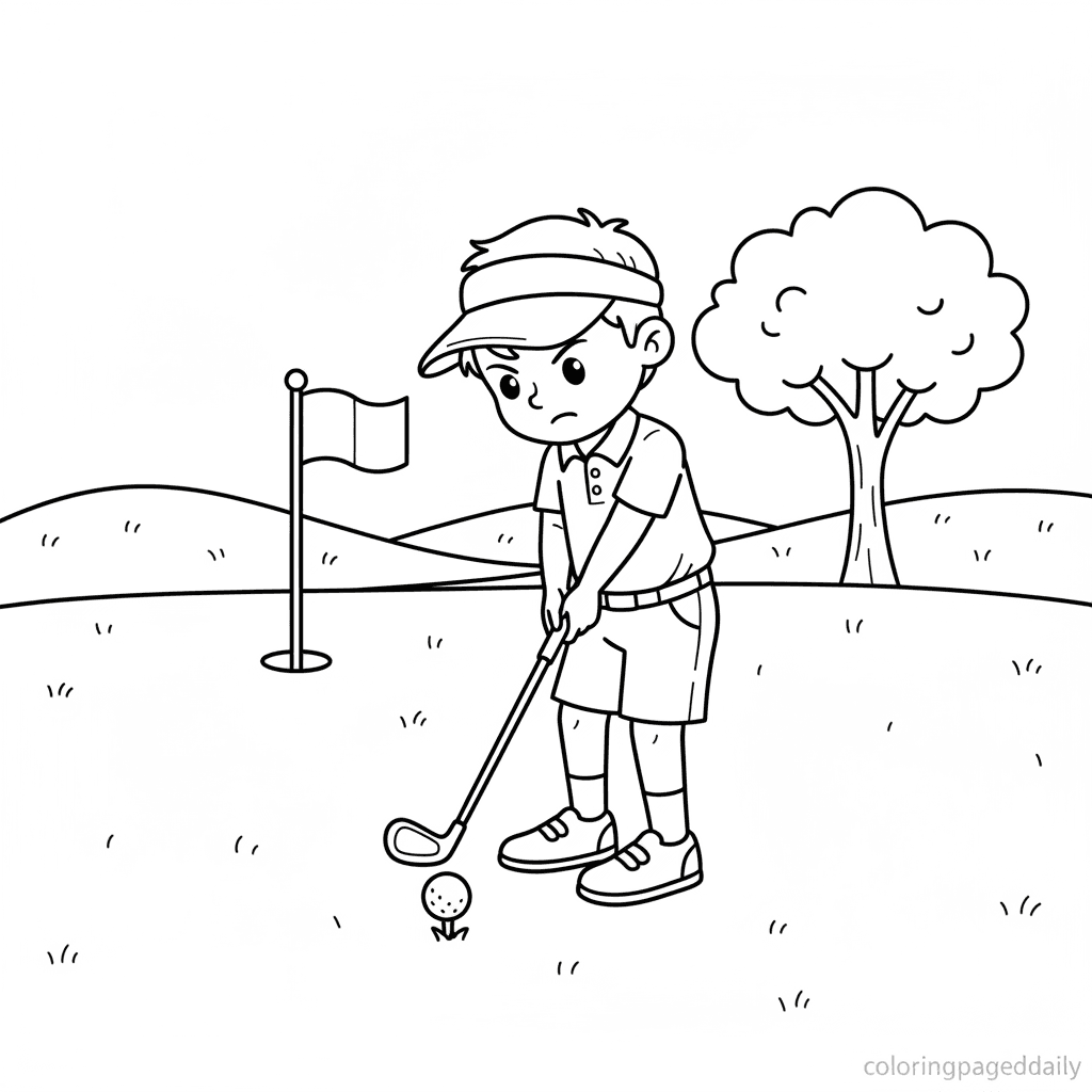 Young Golfer Swinging Club - Daily printable coloring page in Kids - Sports category
